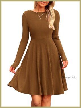 Long Sleeve Ribbed Knit A-Line Mini Dress Casual Crewneck Fit Flare